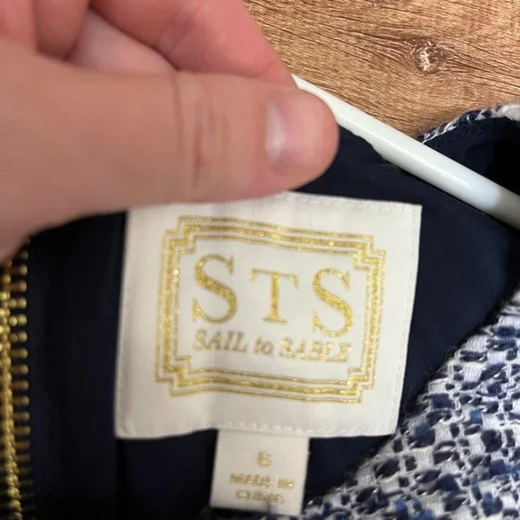 SAIL TO SABLE-NAVY/CREAM TWEED-SHIFT DRESS-FRINGE TRIM-LINED-BACK ZIPPER-SIZE 6 - Picture 2 of 8